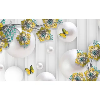 Papermoon Fototapete Abstrakt 3D Effekt mit Blumen und Schmetterlingen bunt 1,5 m x 1,11 m