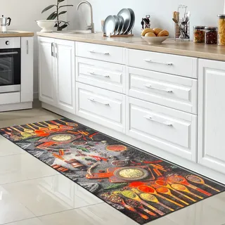 CARPETIA Küchenteppich Kräuter Gewürze Kochlöffel Bunt 80x200 cm