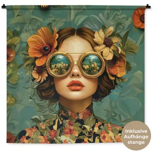 MuchoWow Wandteppich Frau - Blumen - Schmetterlinge - Natur - Vintage, Quadratisch, Höhe: 3 mm, Wand Teppich Wohnzimmer, Schlafzimmer, 150x150 cm Quadratisch | 150 cm x 150 cm x 3 mm