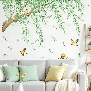 Tanlaby Groß Wandtattoo Baum Grün Wandaufkleber Weidenbaum Vögel Pflanze