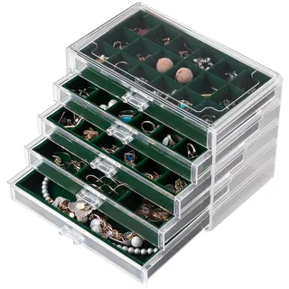 Frebeauty Acryl-Schmuck-Organizer, Ohrring-Organizer-Box mit 5 Schubladen, Organizer mit Samtablagen, transparente Schmuckschatulle für Damen, Ohrring-Display für Ringe, Ohrstecker (Schwarzgrün)