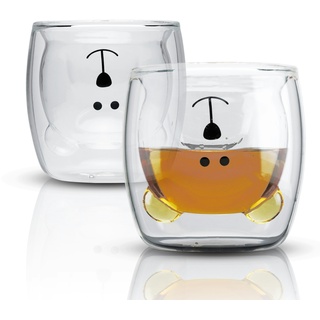 Intirilife 2x Doppelwandiges Thermo Glas Set in 230 ml im Bären Design - Mundgeblasen isoliert für Latte Macchiato, als Teeglas oder Kaffeeglas