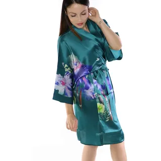 Prettystern Damen Knie-lang Reine Seide Satin Seidenmantel Kimono Morgenmantel Nacht-Kleid Jacke Silk Robe Blumen türkisgrün SK08 - Einheitsgröße Große Größen