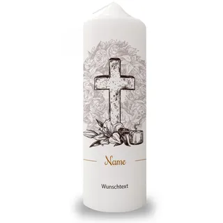 GRAVURZEILE Trauerkerze im Vintage Kreuz Design mit Name & Wunschtext - Hochwertige Stumpenkerze 250/80 mm brilliant bedruckt - Trauerdekoration für das Grab - Geschenk für die Trauernden