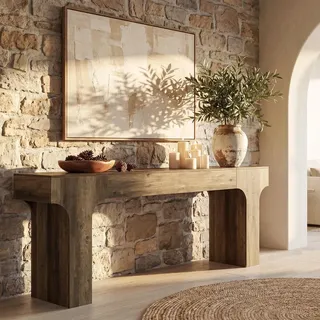 Extra langer Konsolentisch für den Eingangsbereich, 200 cm langer Landhaus-Couchtisch aus Holz, Beistelltisch mit Bogendesign für Wohnzimmer, Flur - Braun