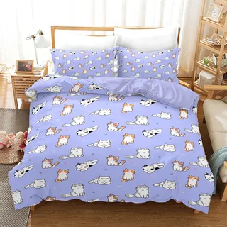 Katze Bettwäsche 220x240,Cartoon Katzen Bettwäsche Set für Erwachsene, Jungen und Mädchen, niedliche lila Katze, Atmungsaktiv Weicher Mikrofaser Bettbezug mit Kissenbezügen(Katze-4, 220x240cm)