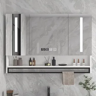 LED-Badezimmer-Spiegelschrank mit Touch-Sensor, Anti-Beschlag-Uhr, 3 Ablagen, Wandmontage, Apothekenaufbewahrung, 100 x 80 x 13 cm, weißes Finish