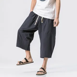 Bywenzai Kurze Hose Männer Baumwolle Leinen Einfarbig Elastische Taille Shorts T Herren Hip-Hop Atmungsaktiv Lässig 3/4 Hosen Japanische Und Koreanische Yogahosen