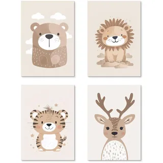 Herfair Bilder Kinderzimmer 4er Set Poster, Beige Dschungel Wilde Tiere Bilder, Wandbilder Bilder Leinwand Boho Babyzimmer Deko Wandposter für Kinder, Ohne Rahmen (21x30cm)