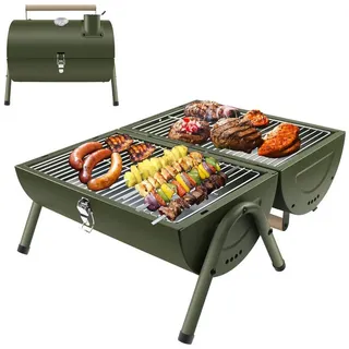 SunJas Holzkohlegrill K-GN22A Klappgrill Tischgrill grill holzkohle mit Thermometer, Doppel Grillfläche 33.7 x 21.5 cm, Reisegrill Campinggrill BBQ Grill für Outdoor Picknick Camping grün