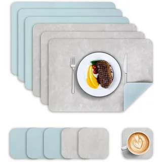 Wanfolle Tischsets Abwaschbar und Untersetzer 6er Set, Tischsets Leder Platzset Abwischbar Doppelseitigen Hitzebeständig Wasserdicht rutschfest Platzdeckchen Lederoptik (Hellgrau Hellblau)