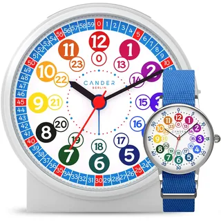 Cander Berlin MNU 1009 S Kinderwecker lautlos und MNA 1030 J Armbanduhr blau Lernuhr geräuschlos Kinderuhr Licht Snooze Tischuhr Wecker Kinder Beleuchtung geräuscharm Schlummer Mädchen Jungen