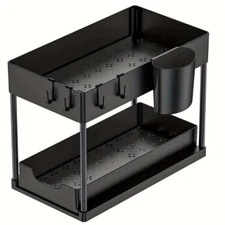 HYPIQQ Spülbecken Organizer Gewürzregal Ausziehbar, 2 Etagen Unter Waschbecken Regal Mit 4 Haken &2Tassen,Spülschrank Organizer,Black1