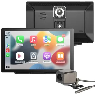 Lescars Navigationsgerät: 9"-IPS-HD-Monitor für Android Auto & CarPlay, 2K-Kamera+Rückfahrkamera (Navi mit Rückfahrkamera, Navis, SD)
