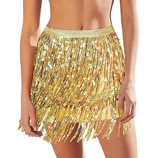 AYWTIUN Glitzer Rock Damen Pailletten Fransenrock Glitzernd Elastische Taille Minirock Minirock for Tanz Rave Party(Gold,S)