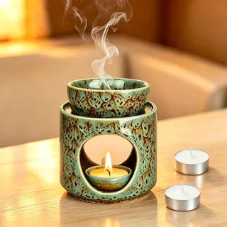 Duftlampe aus Keramik Dunkelgrün, Teelicht Duftlampe mit Teelichthalter, Aromalampe für Duftöl, Duftstövchen für Ätherische Öle und Duftwachs, H 10,5 cm ø 9,5 cm
