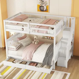 boorbin 140 * 200cm Etagenbett, Treppenregal, ausgestattet mit Zwei Schubladen, hohe Geländer, EN747-1 Zertifiziert (Weiß-1)