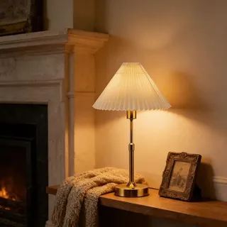 DHGIE Vintage-Gold-Tischlampe Aus Einziehbarem Messing Einfacher Plissierter Schirm Nachttischlampe Höhenverstellbare Schreibtischlampe Geeignet Für Schlafzimmer Frisiertisch Und Büro(A)
