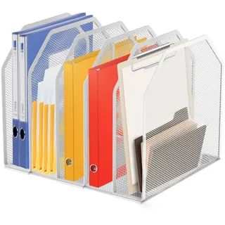Jokapy Metall Schreibtisch Organizer mit Verstellbarer Trennwänden, Ordner Halter mit 5 vertikalen Fächern, Zeitschriftenhalter, Buch Organizer, Stehordner für Zuhause Büro Schule (weiß,5 Quadrate)