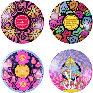 Putuo Decor Vinyl-Schallplatten-Dekor-Set mit 4 Stück – Hippie-Indie-Pilz-Raumdekoration, rosa, ästhetische Y2K-Raumdekoration für Teenager-Mädchen, niedliche pastellfarbene dänische Wanddekoration,