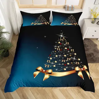 richhome Abstrakte Weihnachtsbaum Bettbezug Moderne Einfache Gradient Blaue Bettwäsche Set Glitter Sterne Goldene Weihnachten Deocr Komfortbezug mit 1 Kissenbezug 135x200