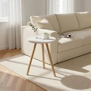 CARENZA HOME Beistelltisch Rund Weiß Dreibein Holzbeine Ø34x45cm Sofatisch Couchtisch Nachttisch Wohnzimmer Skandinavisch