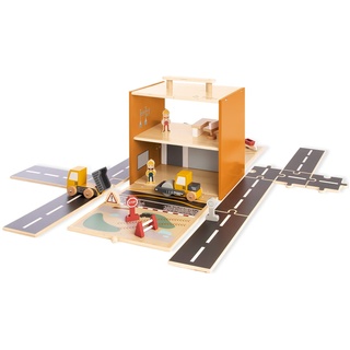Spielwelt 'Baustelle Gustav' mit 12-tlg. Zubehör von PINOLINO, modulare Umbaumöglichkeiten, Reisespielzeug, inkl. Figuren