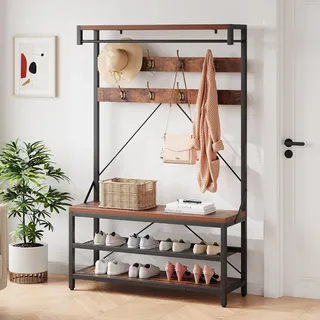 OPULENTHOME Garderobe mit Sitzbank, Garderobenständer mit Schuhablage Freistehend, Holz-Look Kleiderständer mit Hängende Bar und 8 Haken,101x40x182cm,Rustikale Braun
