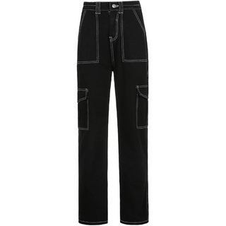 GuliriFe Damen Baggy Jeans mit Patchwork-Print Hohe Taille Jeanshose mit Teilen Bein Glockenboden Y2K Schwarze gerade Schlauch mit großen Taschen (Schwarz, S) - S
