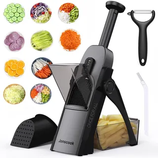 Safe Mandoline Slicer for Kitchen, Adjustable Thickness 0.1-8mm, 5 in 1 Multi Vegetable Chopper, Potato Slicer, Food Chopper French Fry Cutte, Paring Knife/Cleaning Brush