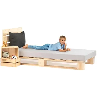 sunnypillow 120x200 cm Palettenbett mit Kopfteil Holzbett Bett aus Paletten Palettenmöbel Naturholz Fichte europalette 80 90 100 120 140 160 180 200 220 240 x 200cm