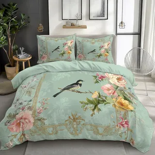 XCQHZYQ Bettwäsche 180x200 cm Hellgrüner Vogel Mit Blumenmuster Wendebettwäsche Weich Atmungsaktiv Baumwolle Polyester Bettbezug Set für Kinder Erwachsene Betten Set mit Reißverschluss