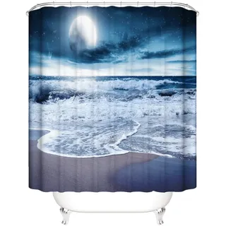 OCEUMACO 3D Strand Motiv Duschvorhang 180x180 Dunkel Meer Landschaft Shower Curtains Textil Antischimmel Wasserdicht Mond Sand Ozean Welle Duschvorhänge Badewanne Stoff aus Polyester Waschbar