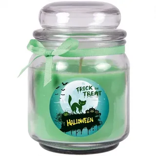 HS Candle Duftkerze (Dekokerze, 1-tlg), Halloween - Kerze im Bonbon Glas, Ideale Herbstdeko grün Ø 9 cm x 9 cm x 13 cm x 9 cm