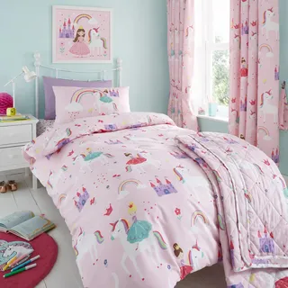 Happy Linen Company Mädchen Bettwäsche-Set - Einhörner, Prinzessin & Regenbögen - wendbar - Rosa - Einzelbett