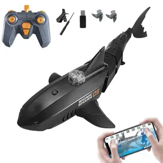 RC Hai Boot mit Unterwasserkamera, APP Steuerung & 2.4G Fernbedienung, HD Live Kamera, 360° Bewegung, Doppelpropeller Motor, Ferngesteuertes Shark Boot Spielzeug für Pool See Aquarium(Black Shark)