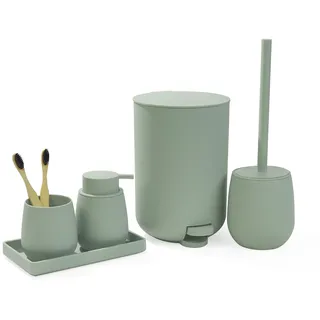 AJEUNGAIN Badset Badezimmer Set Grün, Modern Badausstattung Sets Organizer, Bad Set Mülleimer Klobürste Seifenspender und Zahnputzbecher Tablett 5 Teiliges (Grün)