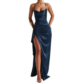 Missionary Damen Sexy Camisole Rückenfreies Schlitzkleid Kleid Langer Rock Tiefblaues Kleid (XS)