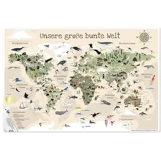 Close Up Kinder-Weltkarte XL Poster - Beige Version - Unsere große Bunte Welt in in gedeckten Farben - 61 x 91,5 cm - handgezeichnete & colorierte Kinderweltkarte