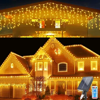Solar Lichtervorhang Aussen, 5M Wasserdichte Vorhang Lichter, 0.8Mx32 Pcs Solar String Lichter 8 Modes 256 LED Lichterketten Vorhang mit Fernbedienung für Gartendeko Balkon Hochzeit Weihnachten