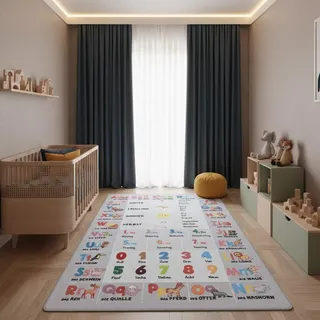 KADIMA DESIGN Kinderteppich TRAUN mit Alphabet-Zahlen-Tiere-Motiv, Grau, 100 x 150 cm