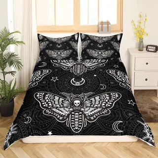Gothic Bettwäsche Set 135x200 Schädel Moth Bettbezug Teens Skelett Knochen Boho Tröster Abdeckung Erwachsene Bohemian Mandala Bett Set für Halloween Schlafzimmer Dekor (1 Bettbezug+1 Kissenbezug)
