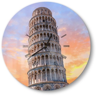 DEQORI Wanduhr 'Der Schiefe Turm von Pisa' (Glas Glasuhr modern Wand Uhr Design Küchenuhr) blau|gelb|orange 50 cm x 50 cm