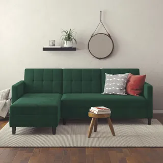 Ecksofa DOREL HOME "Hartford II", grün (dunkelgrün), B:213cm H:83cm T:154cm, Veloursstoff 100% Polyester, Sofas, mit Bettfunktion und Stauraum, Recamiere beidseitig montierbar