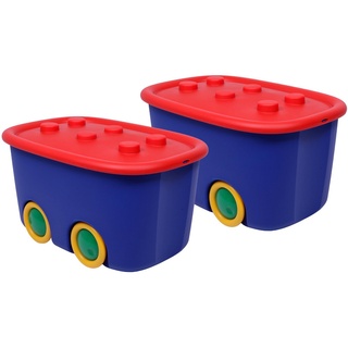ONDIS24 Aufbewahrungsbox Spielzeugaufbewahrungsbox Spielzeugkiste Aufbewahrungsbox Kinder (2er Set), 46 liter, Spielzeugbox Funny mit großen Rädern und aufliegendem Deckel blau|rot