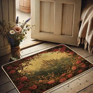 Fußmatte mit Vintage-Blumenmuster, Rosenstrauß, Eingangsmatte für den Außen- und Innenbereich, elegantes Schloss-Design, Heimdekoration, Gummi, wasserdicht, rutschfest, staubabsorbierend, pflegeleicht