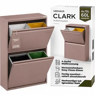 VEEHAUS Küchen Mülltrennsystem, Metall Müllschrank, 4 Klappfächer 4 x 15 L | Freistehend & vormontiert, 4 einzeln öffenbare Klappen, Magnetische Front, Herausnehmbare Eimer, 60L Rosa