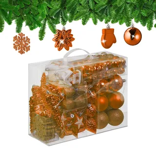 Relaxdays Weihnachtskugeln 100er Set, glitzernd, matt & glänzend, Baumschmuck, Kunststoff, Verschiedene Designs, orange