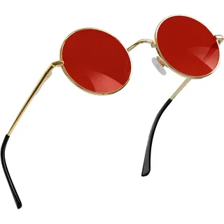 Joopin Retro 80er Sonnenbrille Herren Rund und Klassische Damen Sonnenbrille Rund Rot UV400 Steampunk Hippie Brille Sunglasses für Cosplay (Gold Rot) - Einheitsgröße