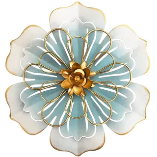 Metallblumen-Wandkunst-Dekor, 24.1 cm, rustikale, Moderne Blumenskulptur, abgenutztes Eisen, Wandbehang, Heimdekoration, Akzentkunstwerke für Innenbereich, Küche, Schlafzimmer, Blau,goldfarben